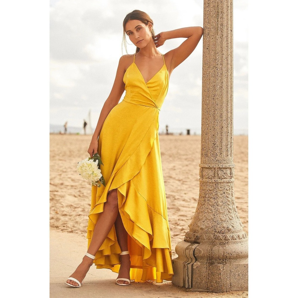 Lulus NWT Mustard Yellow Satin Lace-Up High-Low Maxi Dress - Small